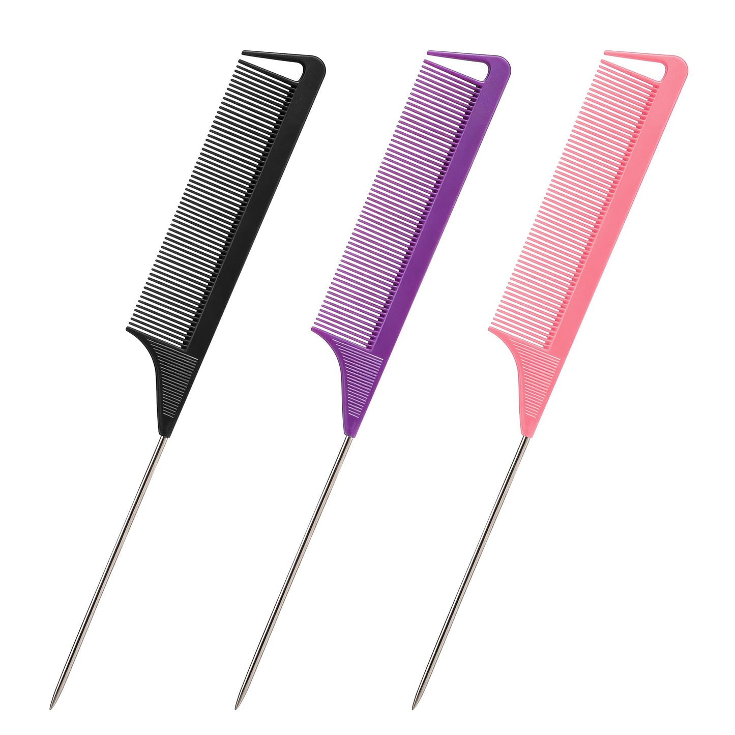 Rat Tail Combs Set: 3Pcs Long Steel Pin Teasing Combs for Salon Hair Stylists, Metal Parting Combs for Women (Purple, Black, Pink) Beauty and Personal Care Kunihiko Default Title