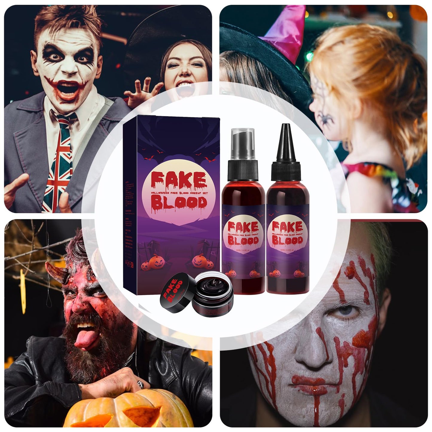 AOYEBO Fake Blood Makeup Kit - 60ml Spray & 40ml Coagulated Blood, Washable Realistic SFX Makeup for Halloween Zombie Vampire Cosplay (Natural