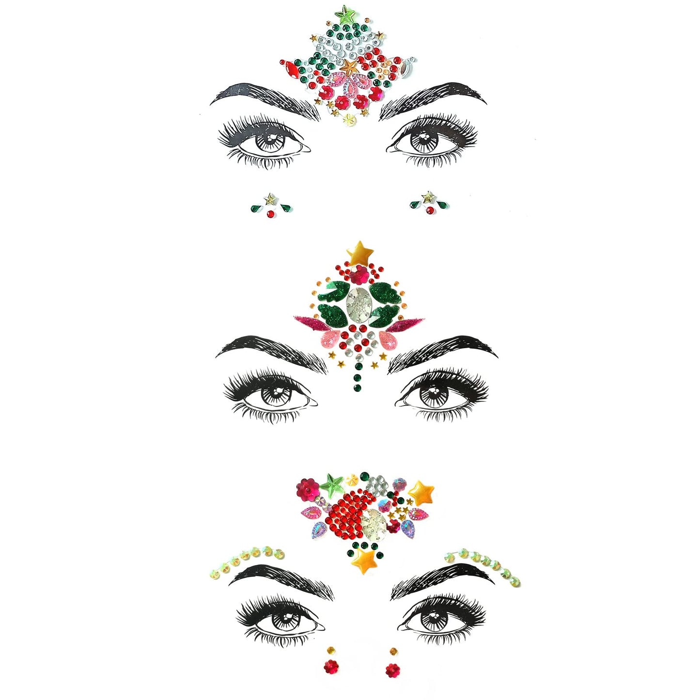 Christmas Face Gems,3PCS Crystal Body Glitter Face Stickers Festival Makeup Jewels Temporary Tattoo Glitter Rhinestone Adhesive for Face Eyes Body