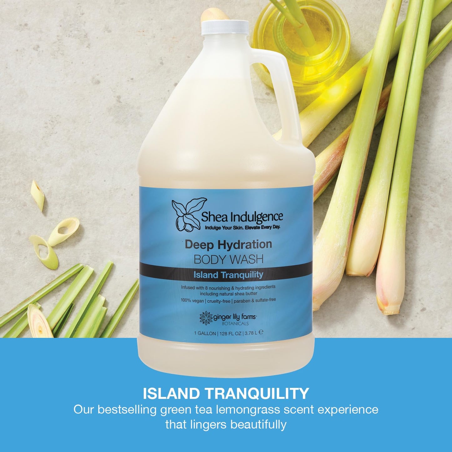 Ginger Lily Farms Botanicals Shea Indulgence Deep Hydration Body Wash, Island Tranquility, 100% Vegan & Cruelty-Free, Green Tea & Lemongrass Scent, 1