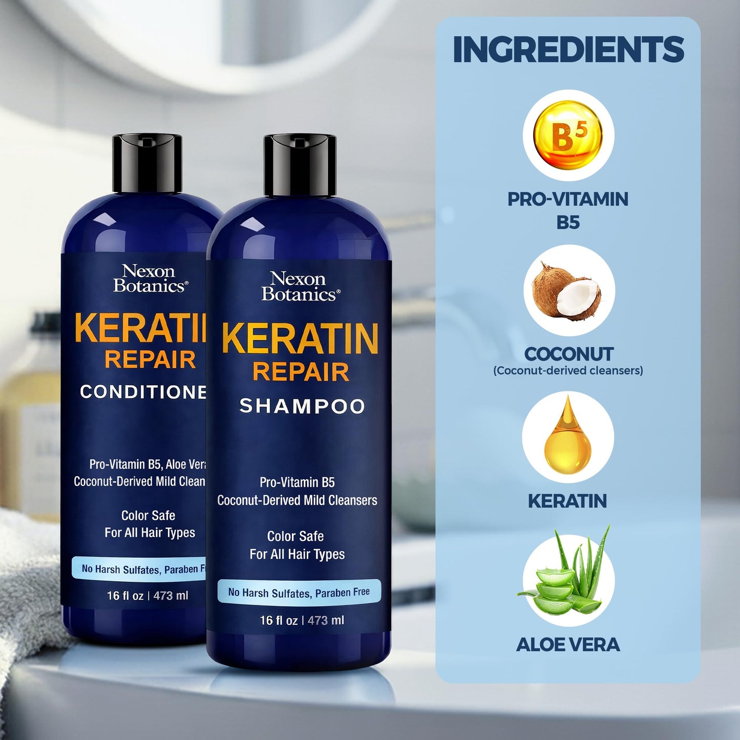 Keratin Shampoo and Conditioner Set 16 fl oz Each - Strengthening & Smoothing Care for Dry, Damaged, Frizzy or Keratin-Treated Hair - Color Protecting