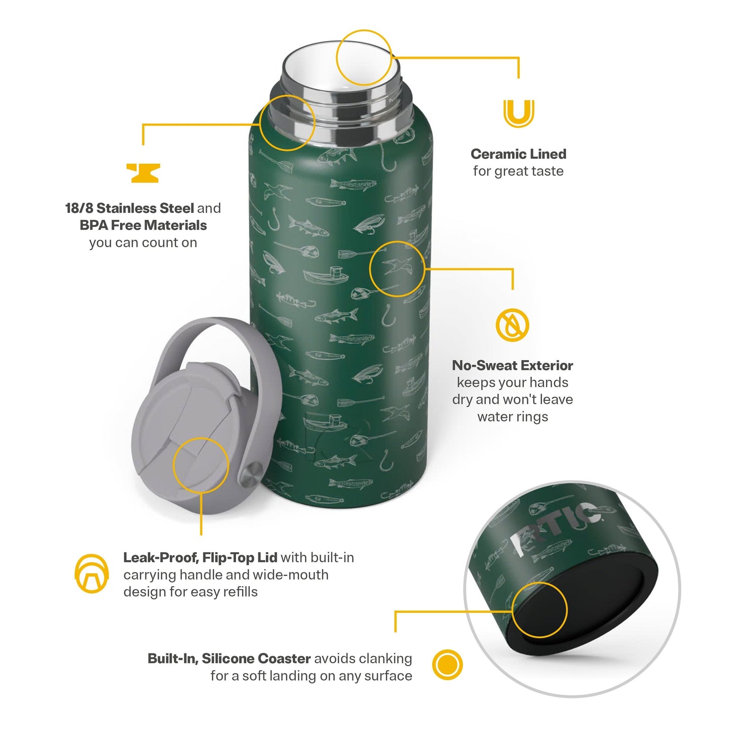 RTIC 32oz Outback Bottle, Ceramic Lined, Insulated, Stainless Steel, Metal, Double Wall Vacuum-Insulation, Leak-Proof Lid, BPA-Free Water Flask