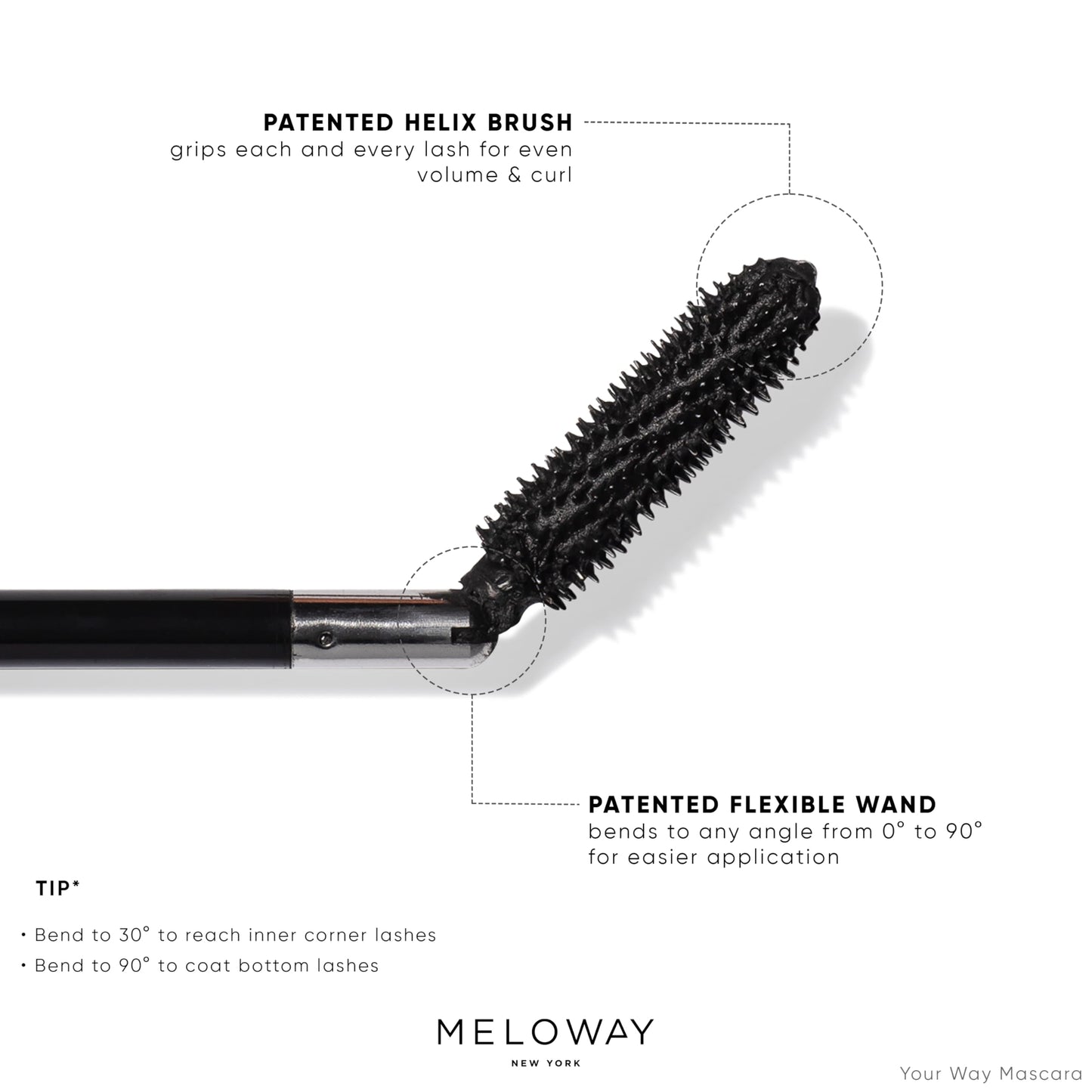 MELOWAY Your Way Mascara - Adjustable Wand, Lash-Conditioning Formula - Volumizing Lashes, Long-Lasting - Amino Acids, Argan Oil, Red Algae Extract