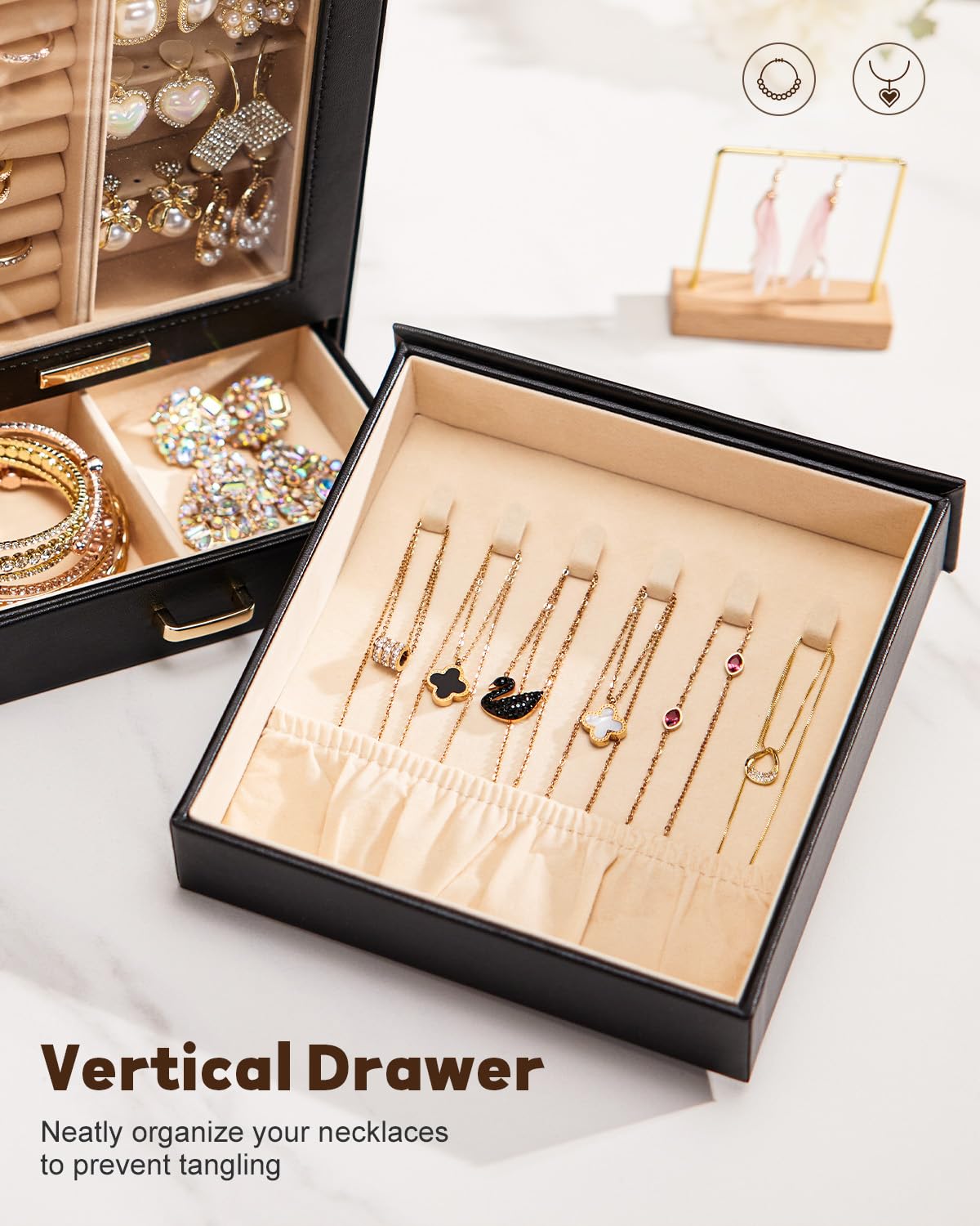 Homde Jewelry Organizer Girls Women Jewelry Box for Necklaces Rings Earrings Gift Bracelets Storage Case (Black + Gold)
