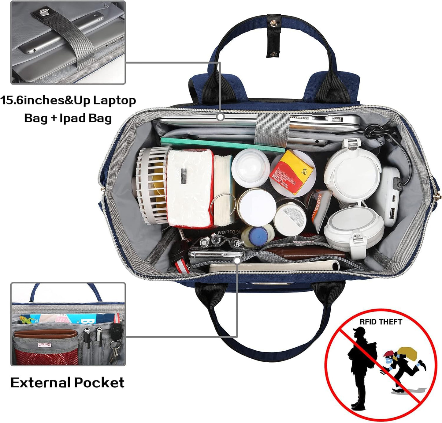 JCDOBEST Lunch Bag Backpack, Insulated Cooler Backpack Lunch Box Laptop Backpack with USB Port for Women Men Fits 15.6 Inch Laptop Blue