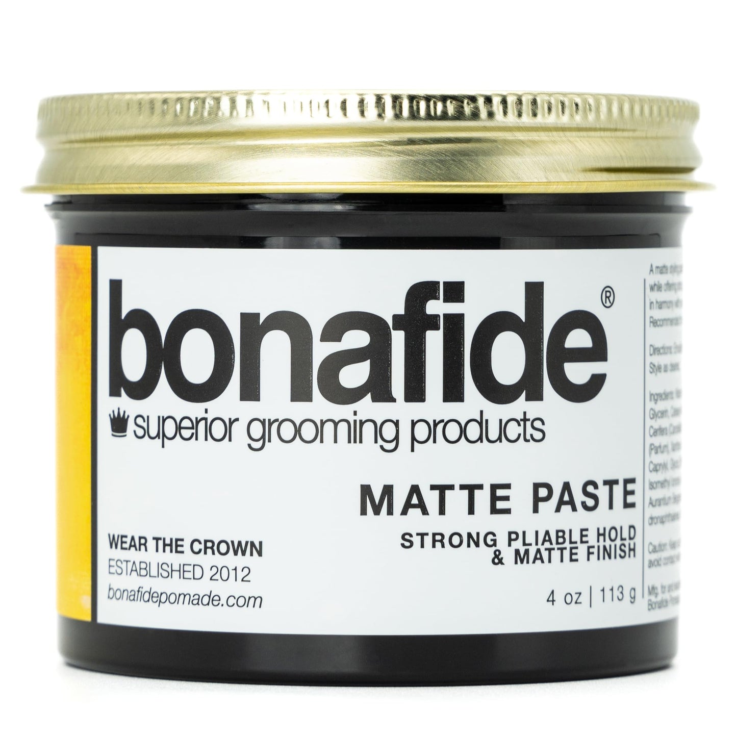 Bona Fide Pomade, Matte Paste 4 oz. | Matte Finish Texturing Pliable Strong Hold, Water Based Formula Washes out Easily, Light Citrus Fragrance