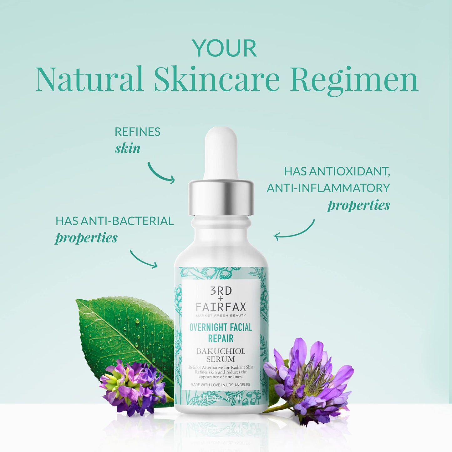 3rd + Fairfax Beauty - Bakuchiol Plant Based Retinol Alternative Facial Serum, Serum for Face, Nightly Face Care for Sensitive Skin, Overnight Repair