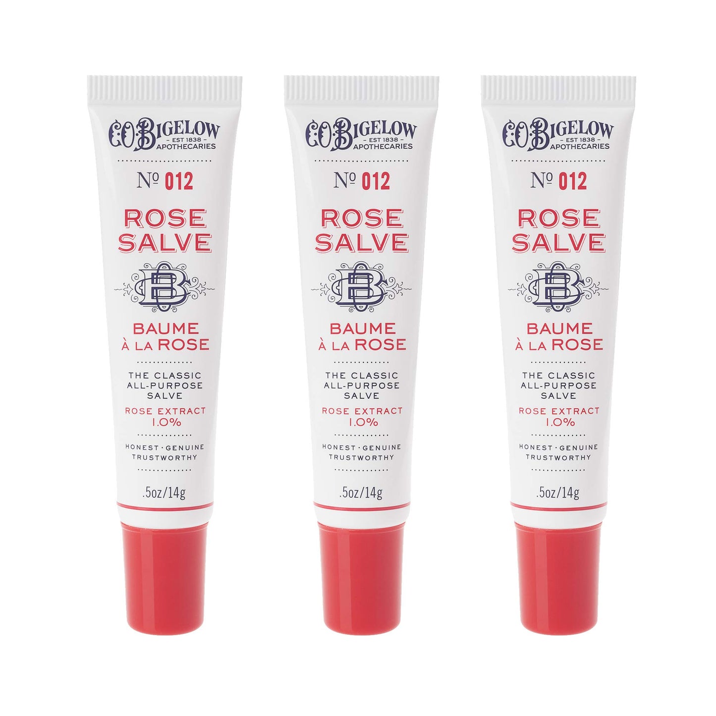 C.O. Bigelow Rose Salve Tubes, Pack of 3 Lip Balm Tubes, All Purpose Salve for Lips, Cuticles, Hands & Dry Skin, Lip Balm Set, 0.5 oz