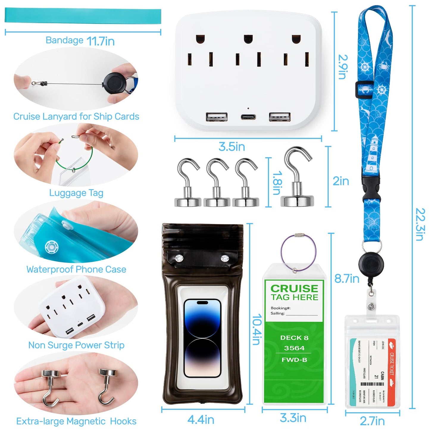 Cruise Essentials 2025 Kit – Must-Have Travel Set with Power Strip, Lanyard, Magnetic Hooks, Luggage Tags, Towel Bands & Waterproof Phone Holder
