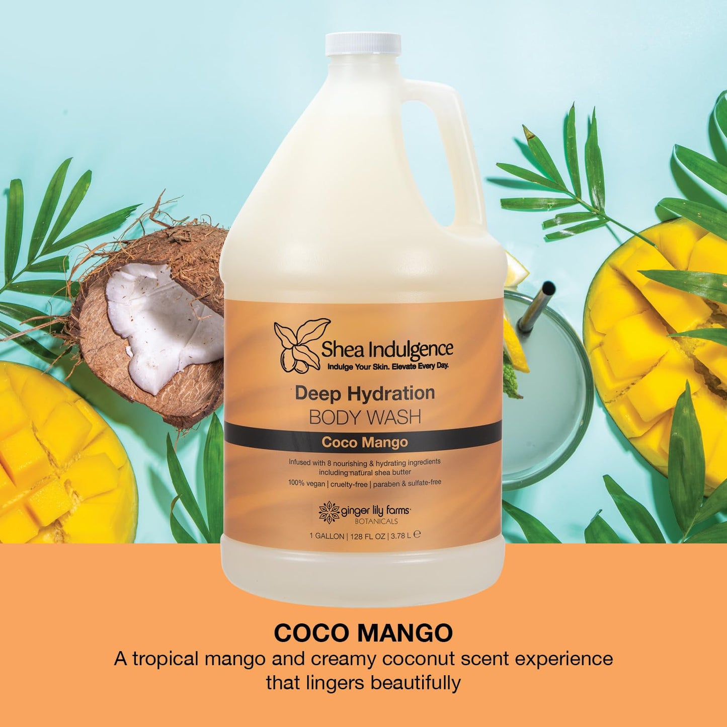 Ginger Lily Farms Botanicals Shea Indulgence Deep Hydration Body Wash, Coco Mango, 100% Vegan & Cruelty-Free, Coconut Mango Scent, 1 Gallon (128 fl