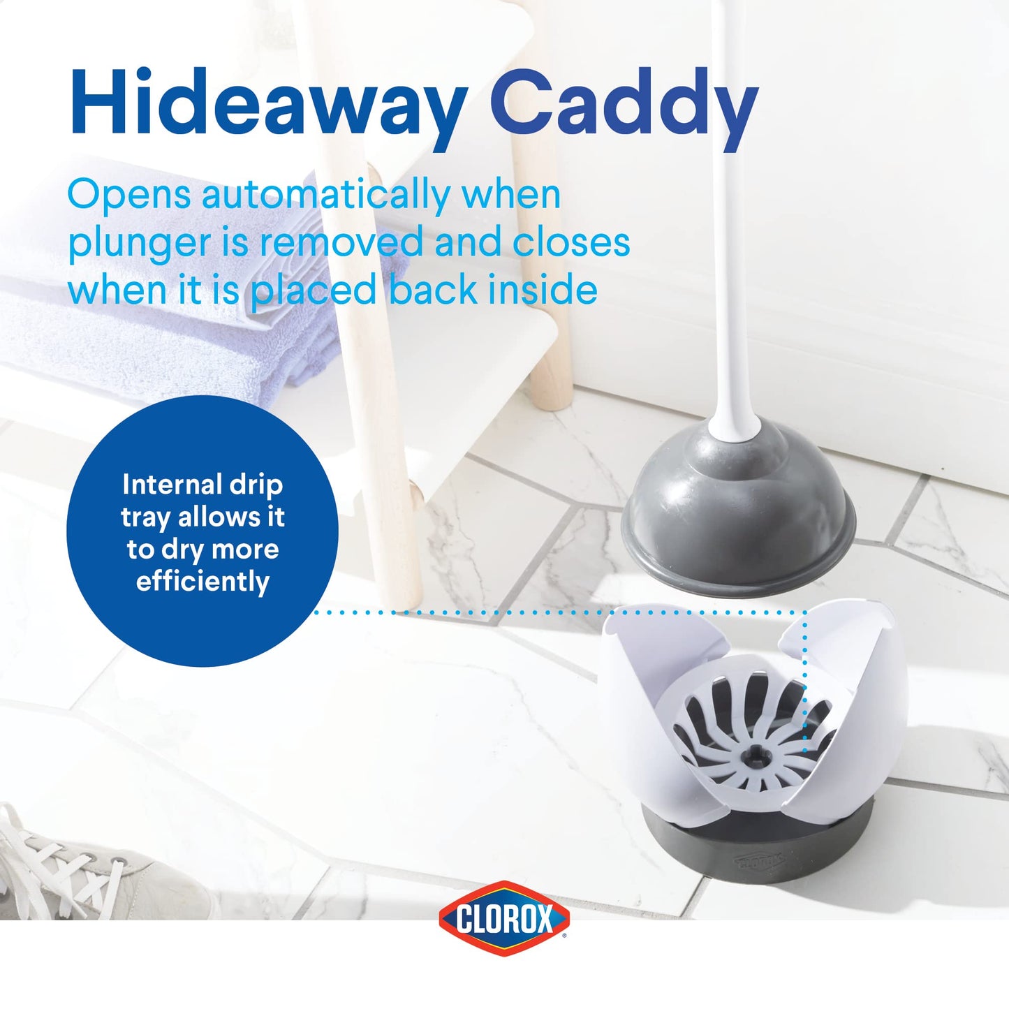 Clorox Toilet Plunger with Hideaway Caddy – Bathroom Plunger with Holder, Organizer & Storage for Toilet Unclogging