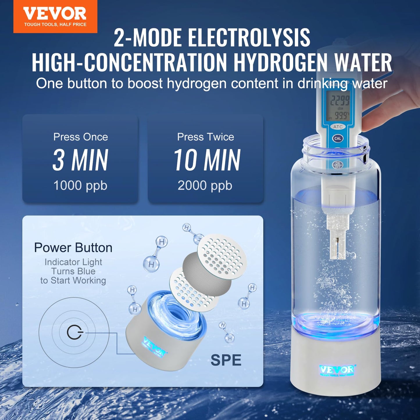 VEVOR Hydrogen Water Bottle, Hydrogen Water Bottle Generator up to 2000 ppb, 380ml Portable Hydrogen Water Machine, SPE Technology hydrogen water