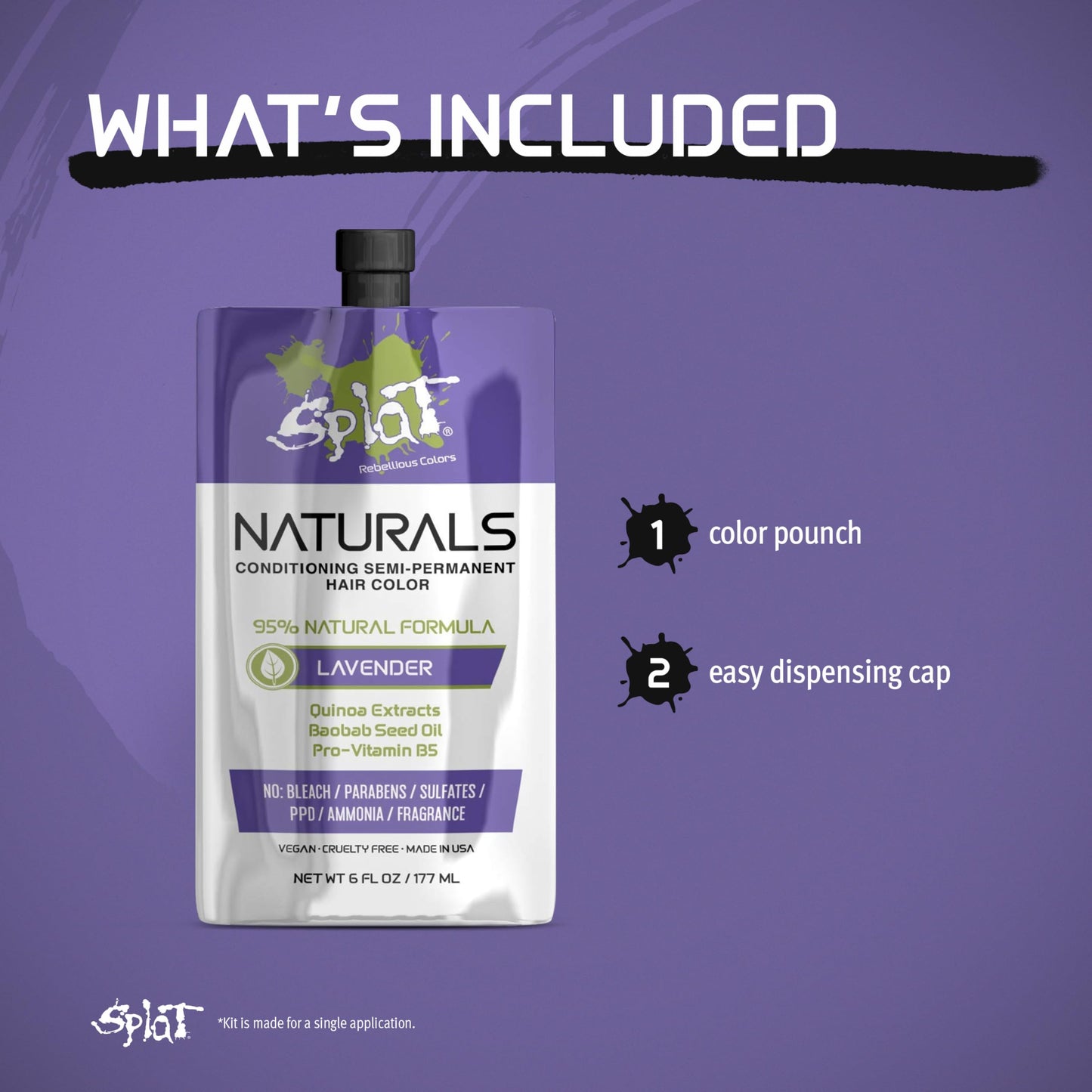 Splat Naturals Semi-Permanent Hair Color, Lavender, 6 fl. oz., 95% Natural Hair Dye Formula Lasts Up to 30 Washes, Vegan & Cruelty-Free Semi Permanent