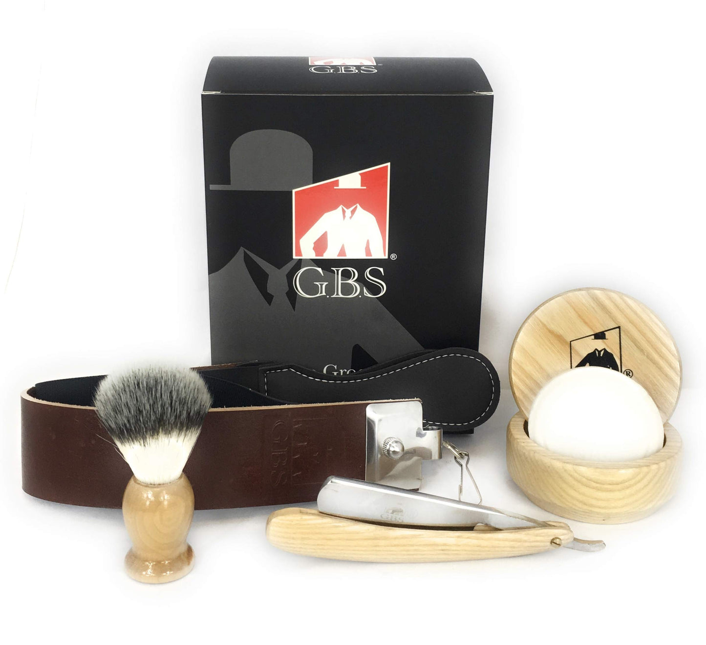 G.B.S Natural Wood Shaving Set with Straight Razor, Synthetic, Shave Brush, Animal Free, Beechwood Shave Bowl and Natural Soap Beauty and Personal Care G.B.S