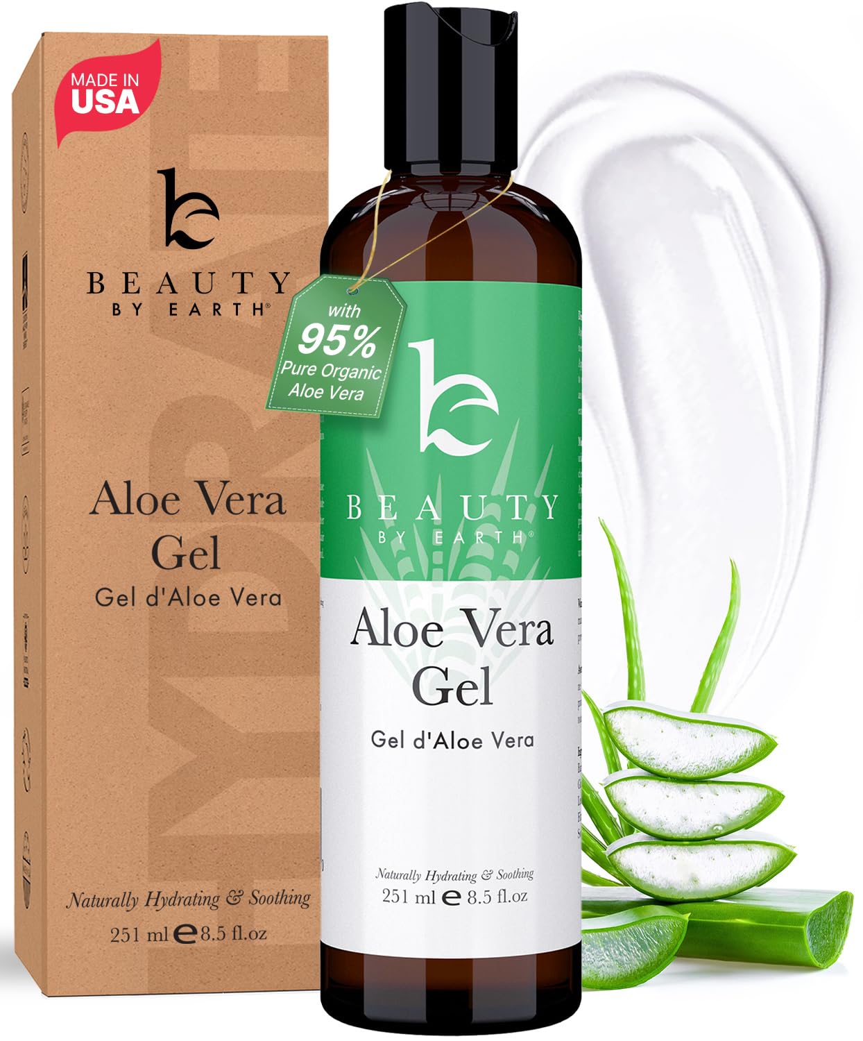 Beauty by Earth Aloe Vera Gel - USA Made with Natural & Organic Ingredients, Pure Aloe Vera Plant Gel for Face Mask, Hair & Skin with Vitamin C & E