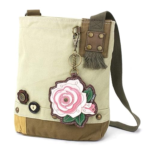 CHALA Womens' Canvas Patch Crossbody Handbag with Keyfob- Sand (Pink Rose - Sand)