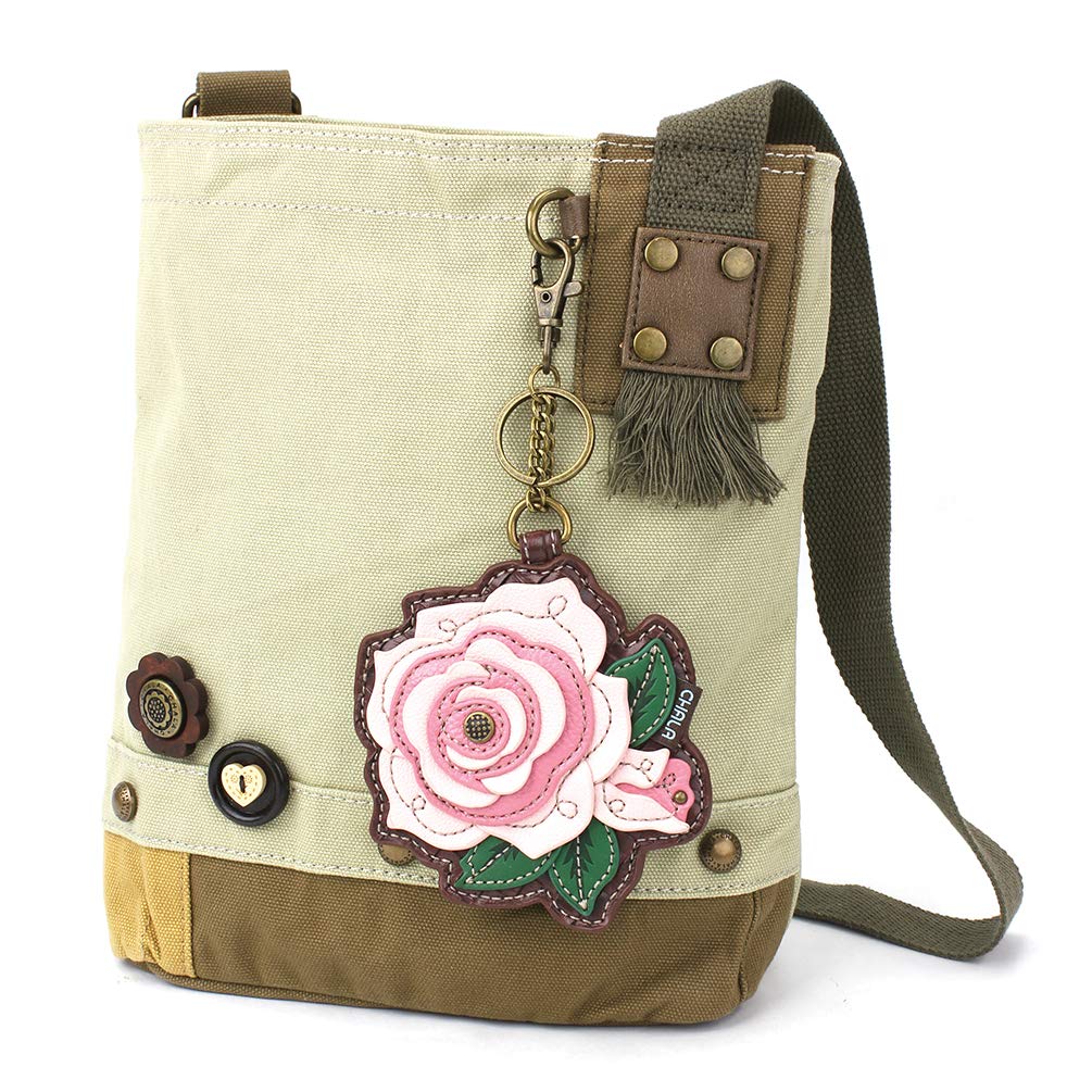 CHALA Womens' Canvas Patch Crossbody Handbag with Keyfob- Sand (Pink Rose - Sand)