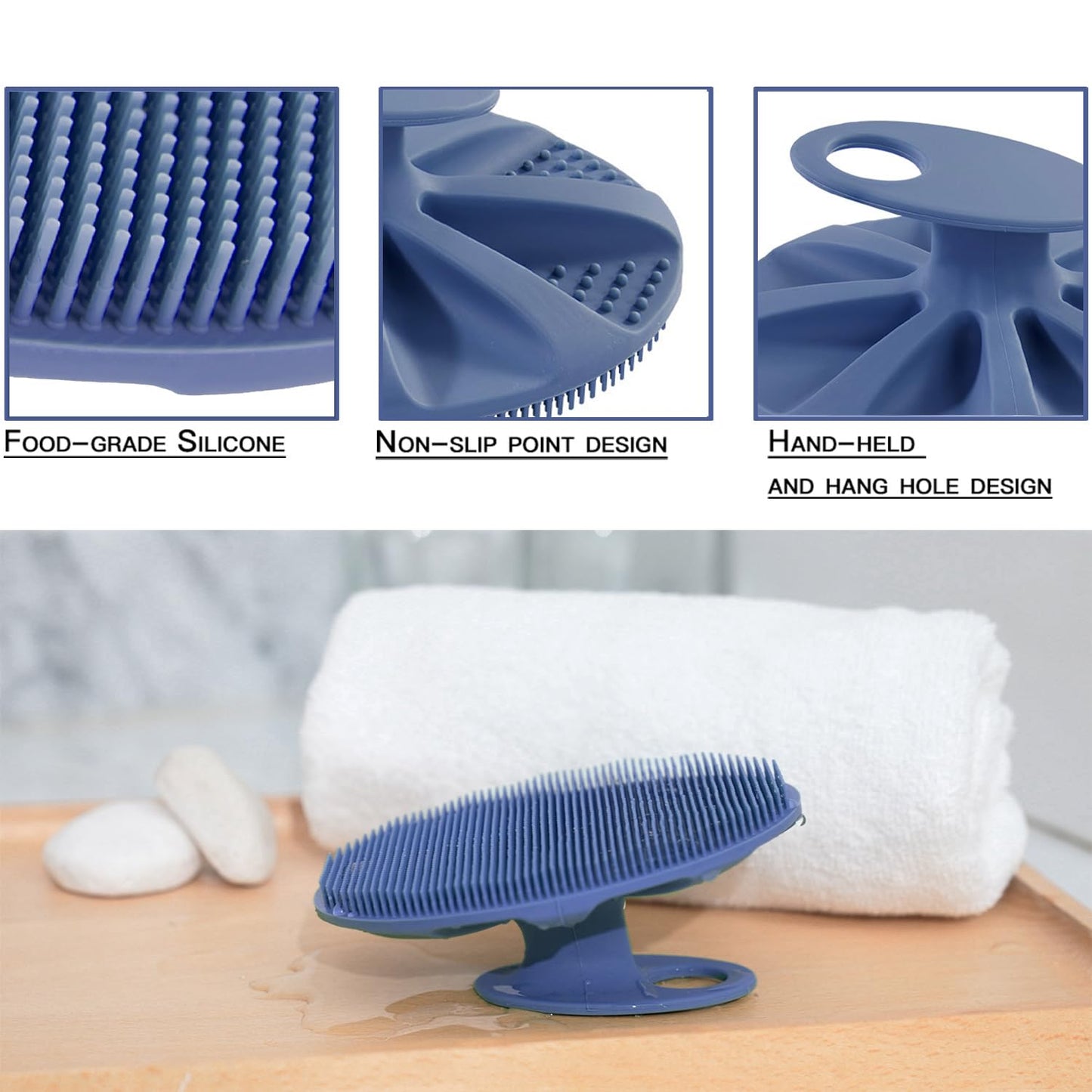 Food-Grade Soft Silicone Body Cleansing Brush Shower Scrubber, Gentle Exfoliating and Massage for All Kinds of Skin (Dark Blue)