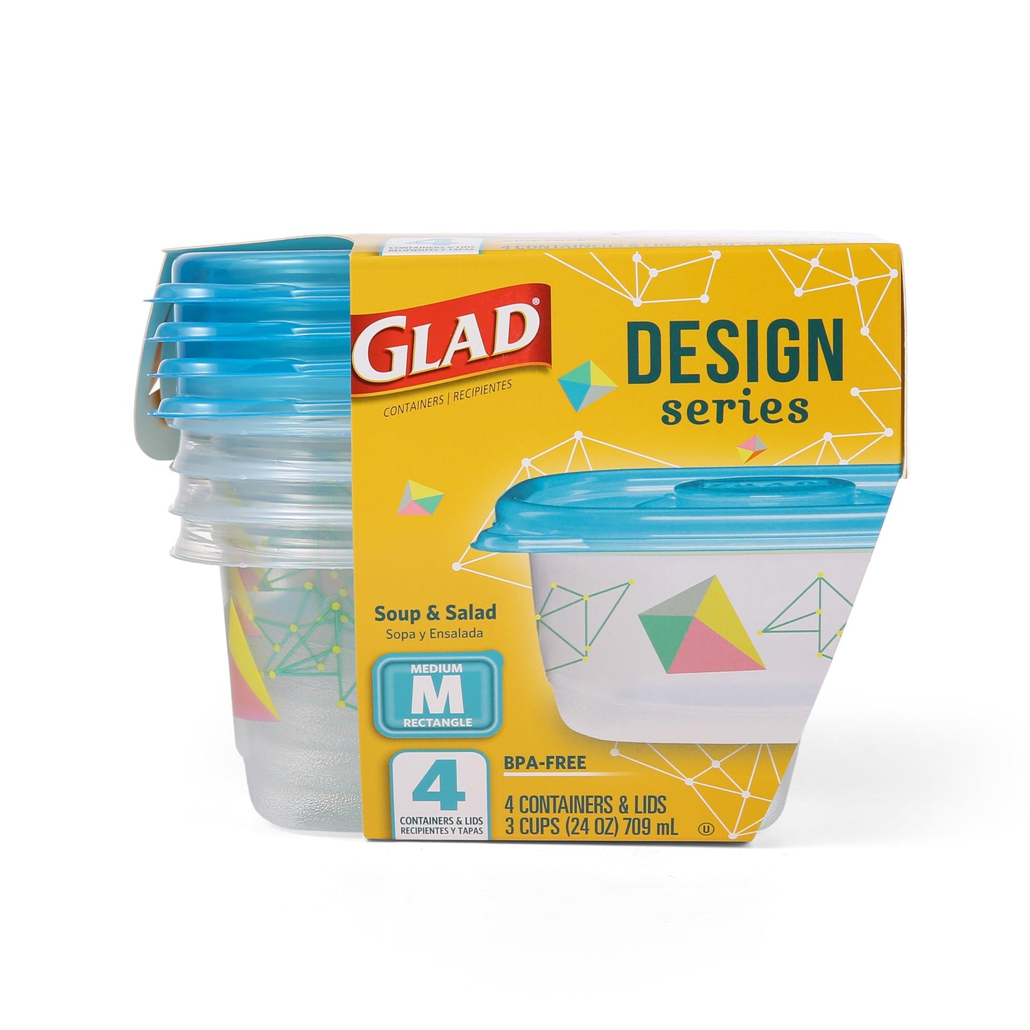Glad GladWare Design Series Food Storage Containers - Medium Rectangle - Meal Container Holds up to 24 Ounces of Food - Lock Tight Seal, 4 Count