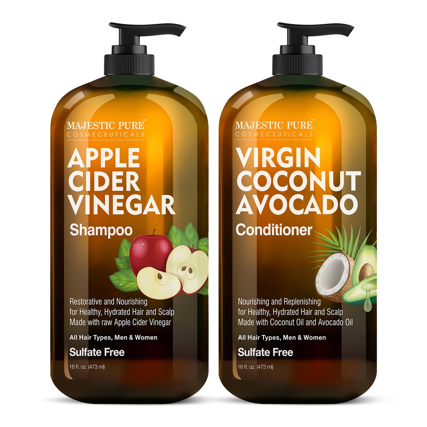MAJESTIC PURE Apple Cider Vinegar Shampoo and Avocado Coconut Conditioner Set - Restores Shine & Reduces Itchy Scalp, Dandruff & Frizz - Sulfate Free