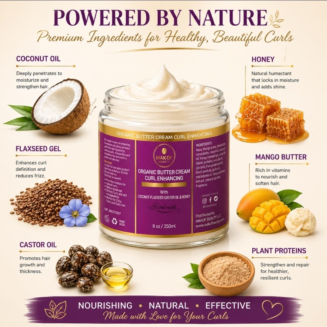 Organic Coconut Curl Enhancing Cream with Flaxseed, Black Castor Oil. Curls Detangler, Moisture-rich, Curl Revival Cream. Anti-Frizz, Defines All Curl