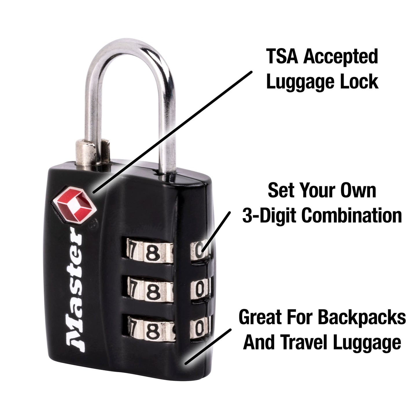 Master Lock TSA Approved Luggage Lock – Durable Wide Body Travel Padlock with Thin Steel Shackle for Suitcases & Backpacks (4680DBLK)