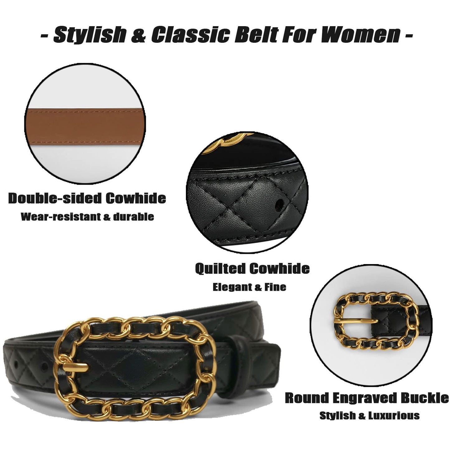 Karoukee Women Fashion Quilted Belt for Dresses Jeans Pants Designer Genuine Leather Ladies Belts with Braided Chain Buckle (Suitable for waist size…