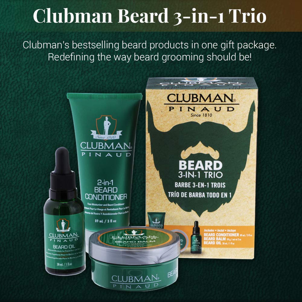 Clubman Pinaud 3-in-1 Beard Kit - Includes Conditioner, Beard Oil and Balm, Starter Kit for Men