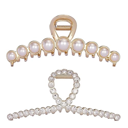 Rhinestone Hair Claw Clips, 4.4 Inch Vintage Metal Imitation Pearl Hair Jaw Clip for Women, Non Slip Hair Clamp Fashion Wedding Party Accessories