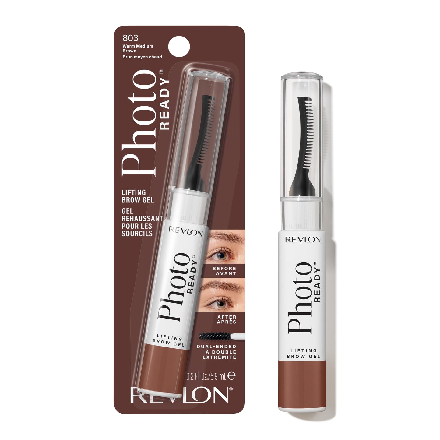 Revlon PhotoReady Lifting Brow Gel, Tinted Eyebrow Lamination with Spoolie Brush, Conditions, Shapes & Defines, 803 Warm Medium Brown, 0.23 fl oz