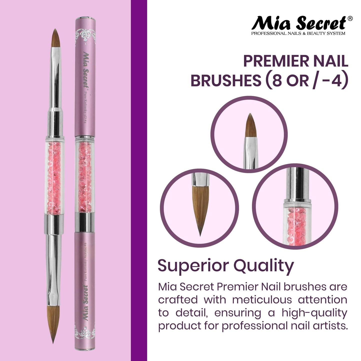 Mia Secret PREMIER NAIL BRUSHES 100% Kolinsky Hair MADE IN USA Prenium Nail Art Brushes (Pink, 8 OR / -4 OR) Beauty & Personal Care Mia Secret
