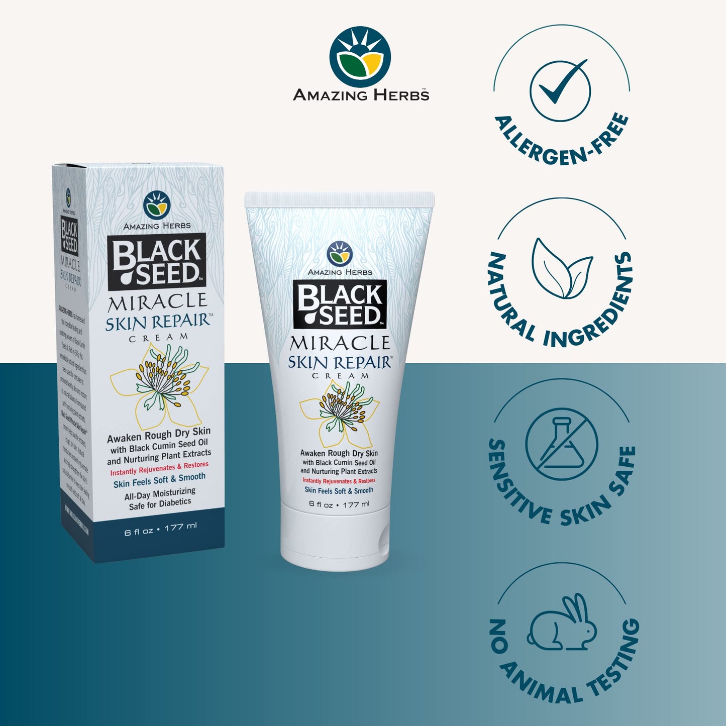 Amazing Herbs Black Seed Miracle Skin Repair Cream - Non-Allergenic Formula, Black Cumin Seed Oil, Vitamin E, and Other Essential Oils Support