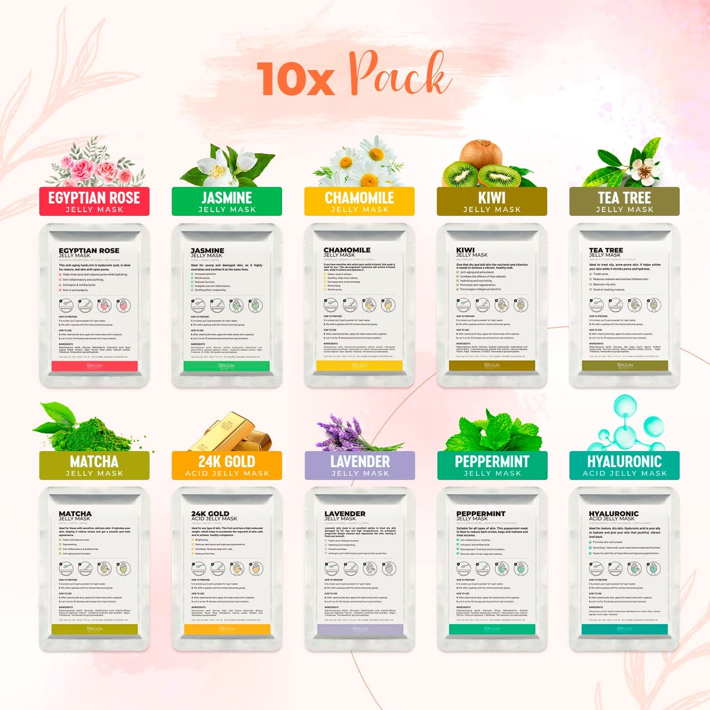Peel-Off Jelly Mask Premium Modeling "Rubber Mask" Spa Set - 10 Treatments (24k Gold, Lavender, Kiwi, Peppermint, Egyptian Rose, Matcha, Chamomile