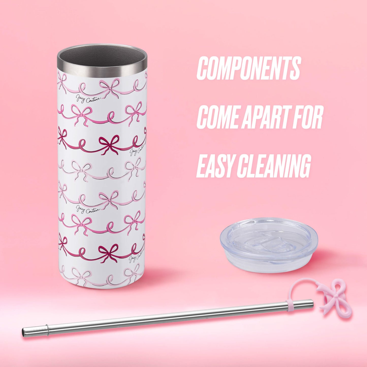 Juicy Couture Glam Slip 24oz Stainless Steel Hydration Tumbler with Straw Topper, Pink Doodle Bows