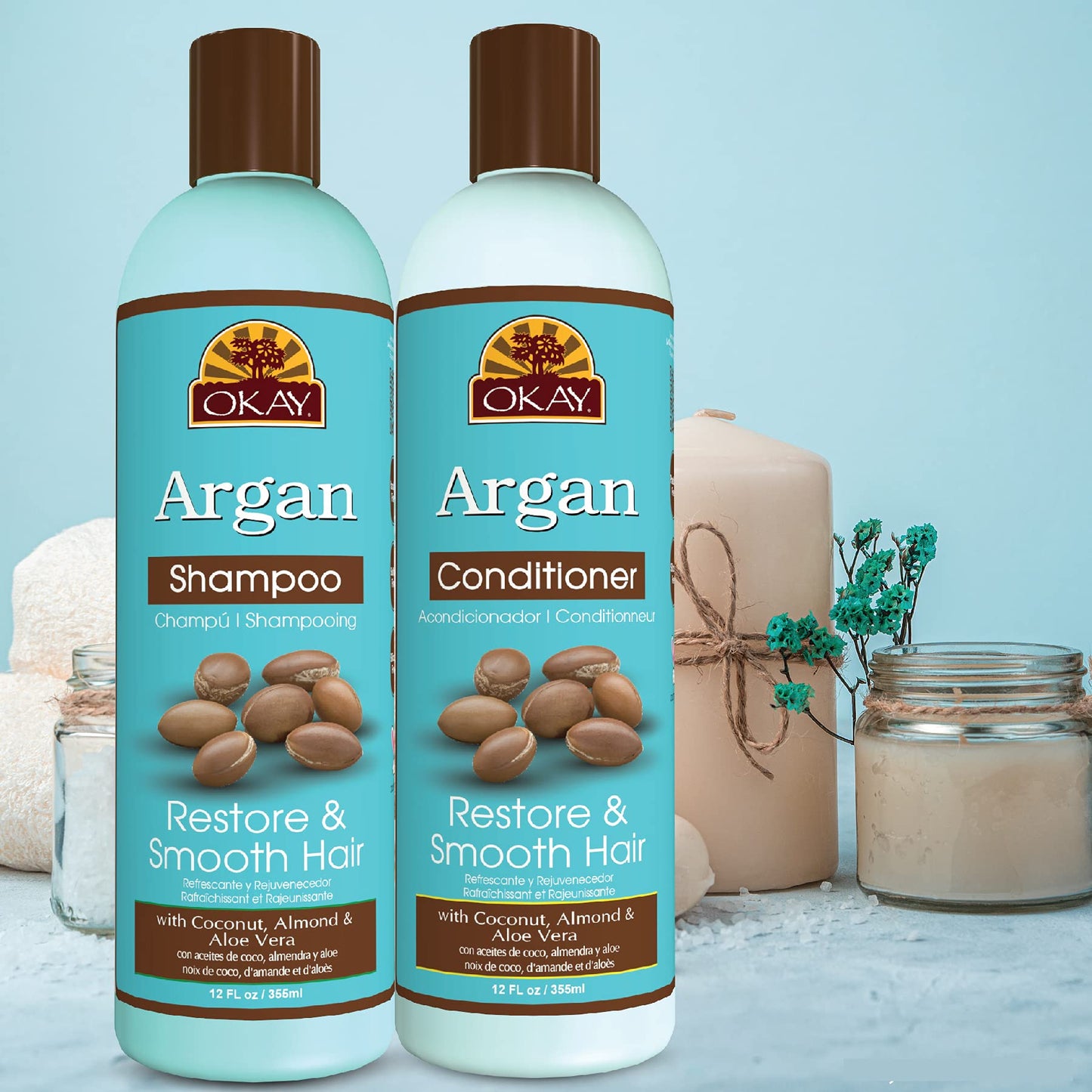 OKAY Argan Shampoo & Conditioner Set 24 oz | Sulfate Free Hair Care System for Dry & Damaged Hair | Hydrating, Smoothing & Frizz Control Formula