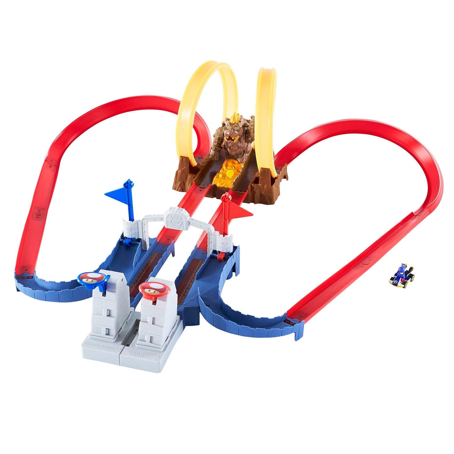 Hot Wheels Mario Kart Bowser’s Castle Chaos Modular Track with Side by Side Racing Lap Flags and Bowser Figure Connects to Other Sets Gift idea…