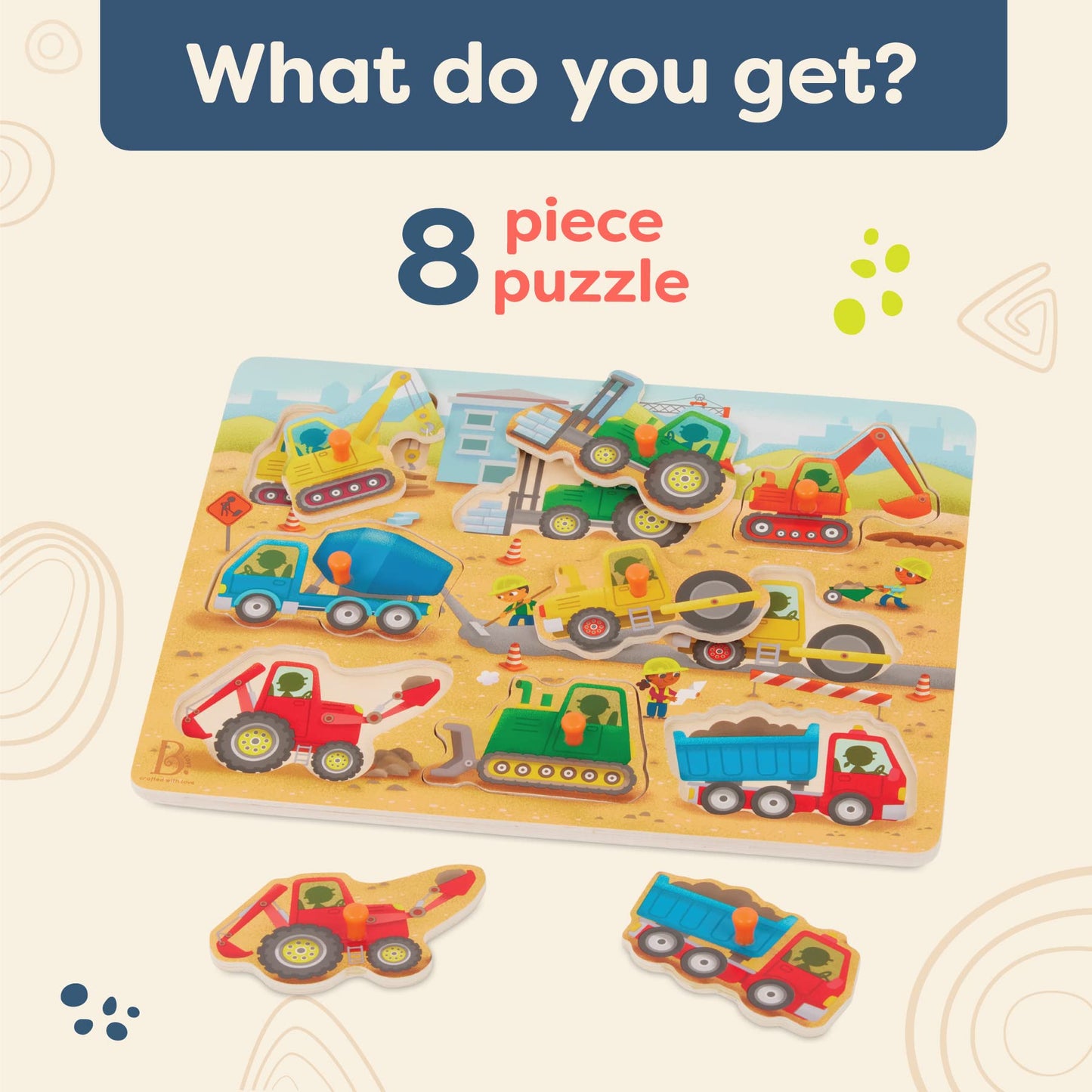 B. toys Peek & Explore Construction Trucks – Wooden Peg Puzzle for Toddlers 2+, 8 Truck Pieces Including Dump Truck, Cement Mixer & Excavator