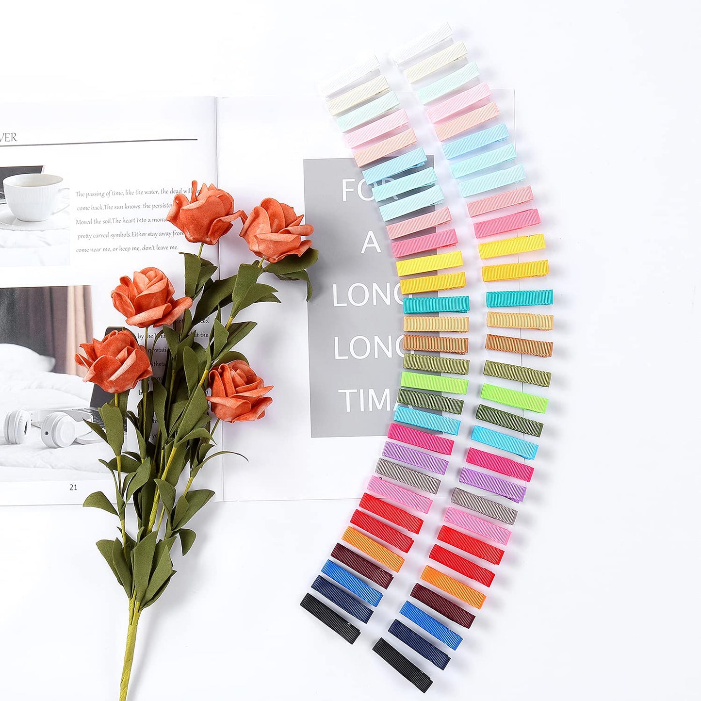 Cinaci 60 Pack/30 Pairs 5 CM 2 Inch Solid Plain Grosgrain Ribbon Cloth Fabric Covered Fully Lined DIY Metal Alligator Hair Clips Duckbill Barrettes