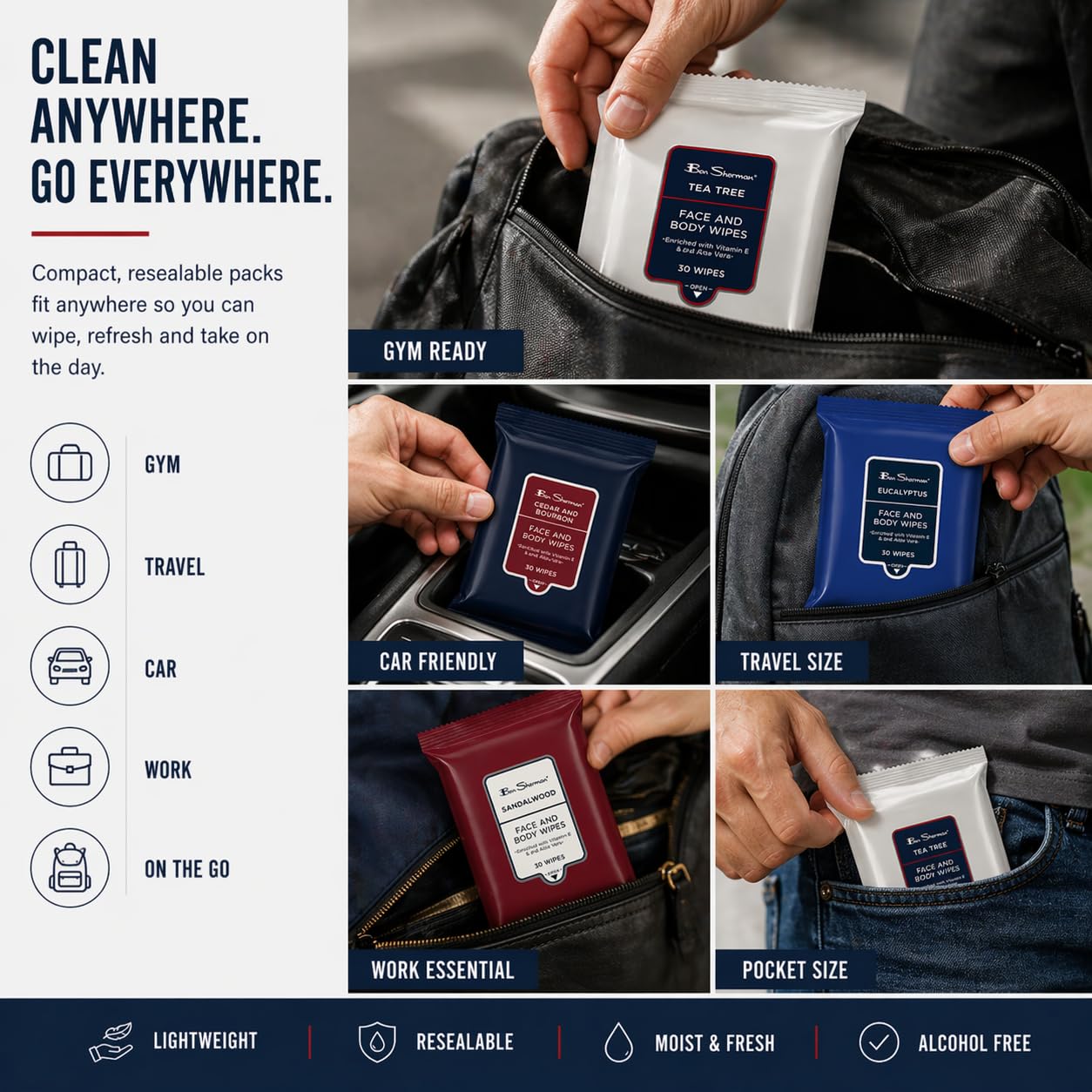 Ben Sherman Men's Face Wipes - 4 Pack (120 Total) Cleansing Wipes for Men with Cedar & Bourban, Eucalyptus, Tea Tree & Sandalwood