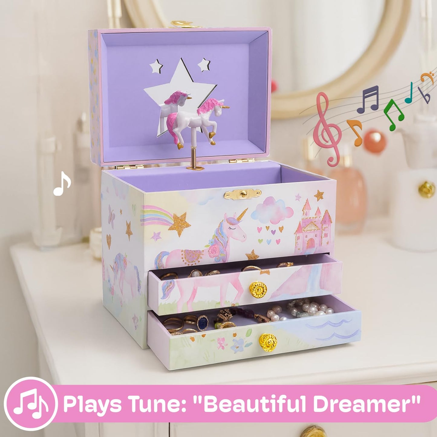 Jewelkeeper Enchanting Unicorn Musical Jewelry Box for Girls - Sparkling Rainbow Design Music Box with 2 Pullout Drawers to Store Earrings, Necklace…