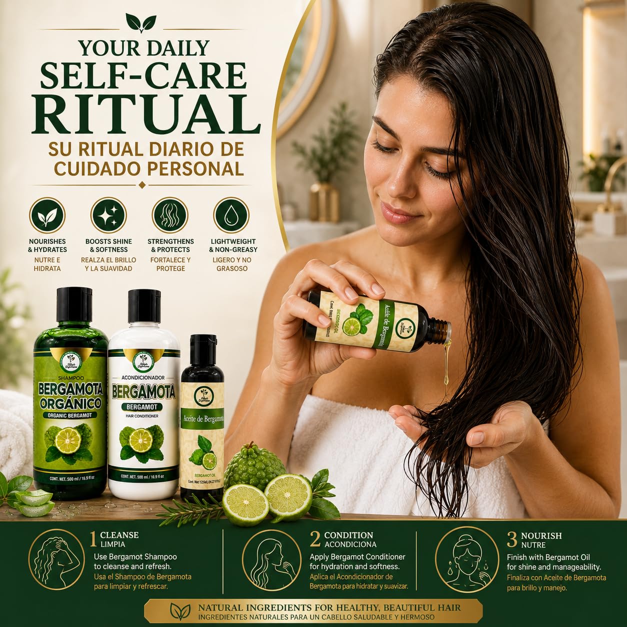 Shampoo Organic Bergamot + Conditioner (16.9 fl oz) with Aloe Vera & Rosemary | SHAMPOO ORGÁNICO BERGAMOTA con Sábila & Romero + Acondicionador 16.9
