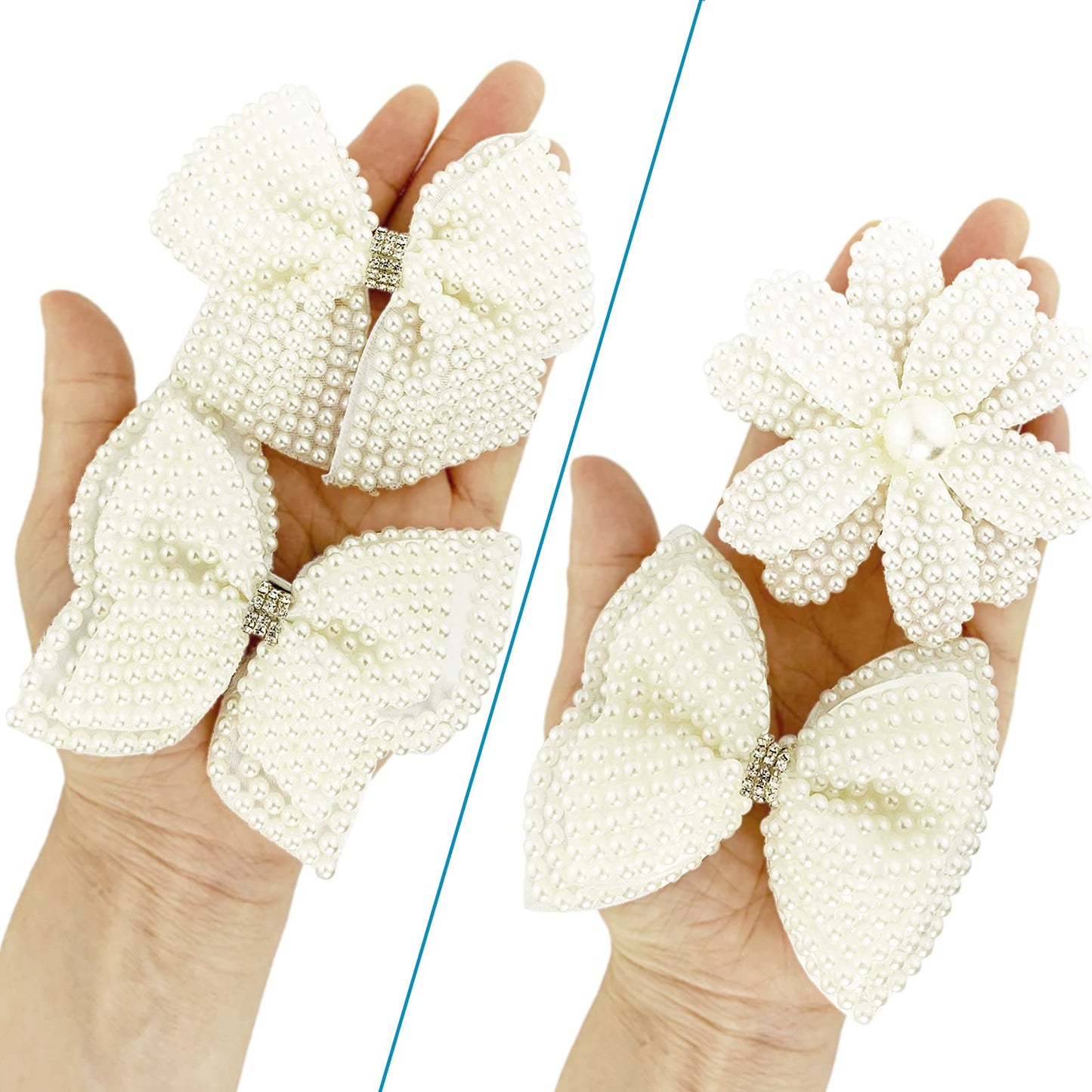 Pearls White Hair Bows for Girls, 4 Pieces Elegant Flower Rhinestone Alligator Hair Clips Beads Hairgrip for Women Teens