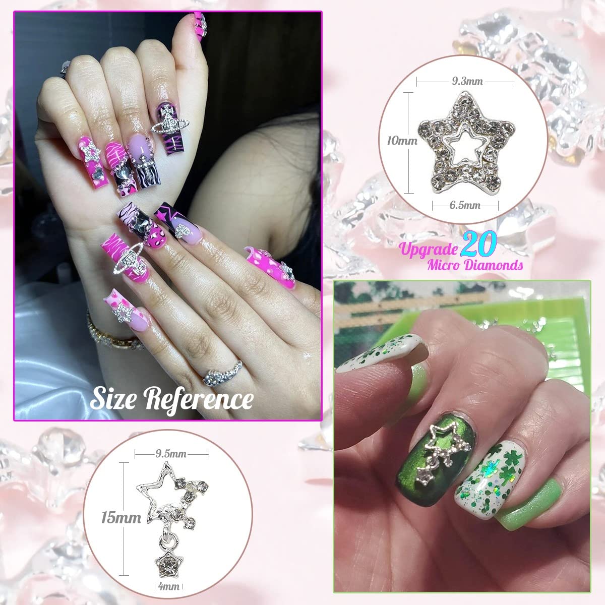 qiipii 32Pcs Star Nail Charms for Acrylic Nails 3D Silver Dangle Stars Nail Rhinestones Gems Jewels Pentagram Cute Crystal Diamond Alloy Studs Nail