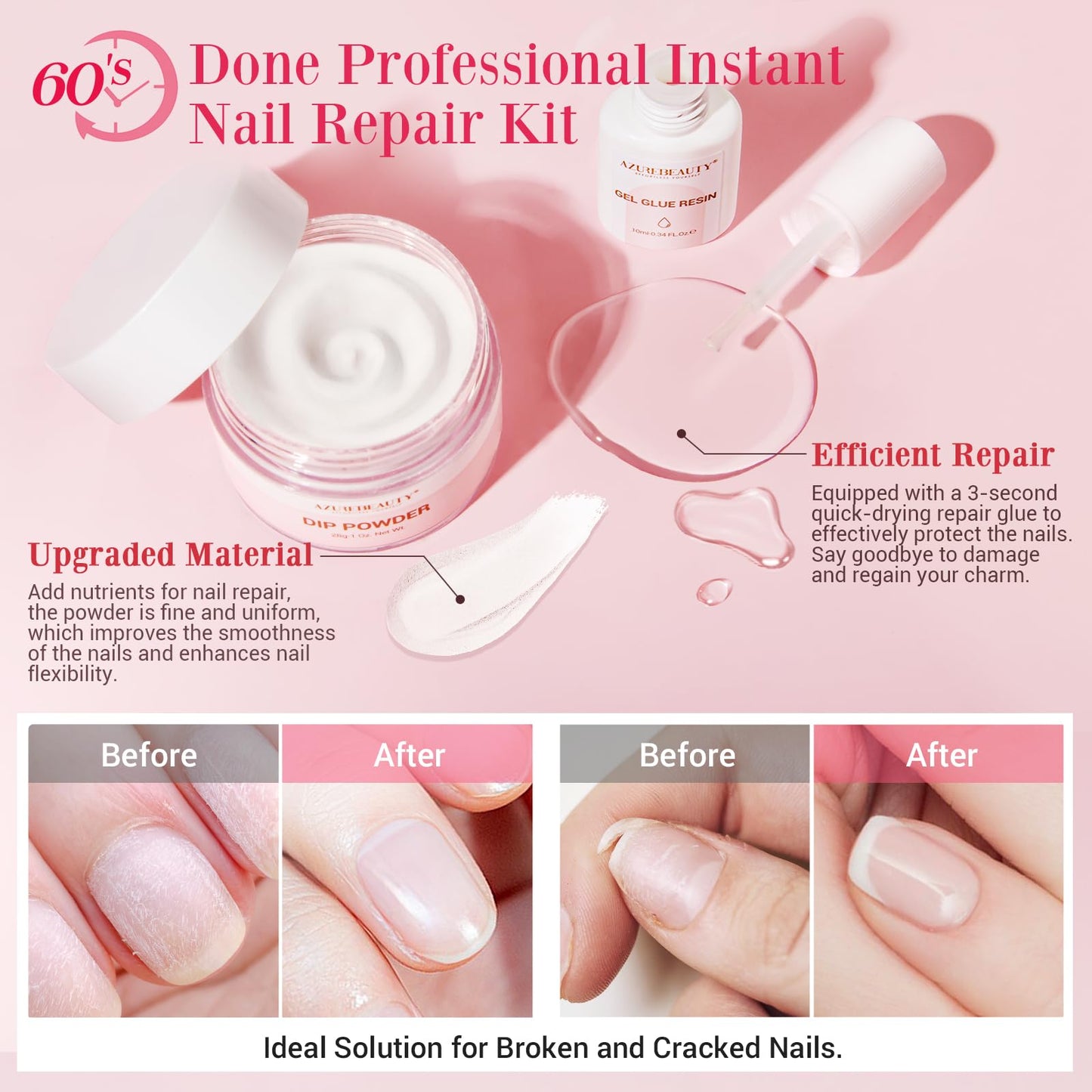 AzureBeauty Nail Repair Kit Transparent Crystal for Broken Cracked Split Weak Nails, Ideal Solution Emergency Easy Quick Fix Dip Powder 28 g 1 Oz Beauty and Personal Care AZUREBEAUTY