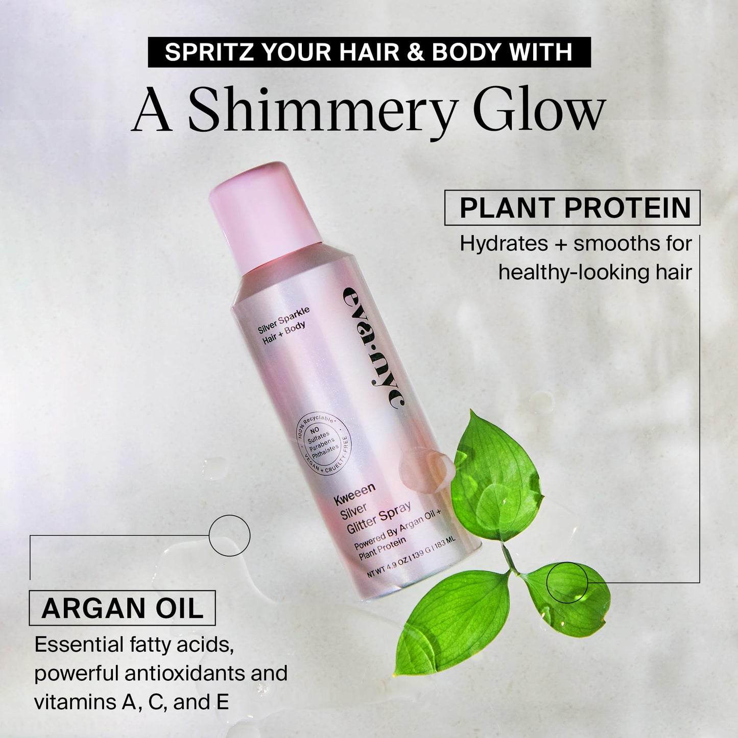 Eva NYC Kweeen Silver Body and Hair Glitter Spray for Shimmer, Washable Glitter Hairspray for Any Party Look, 4.9 oz