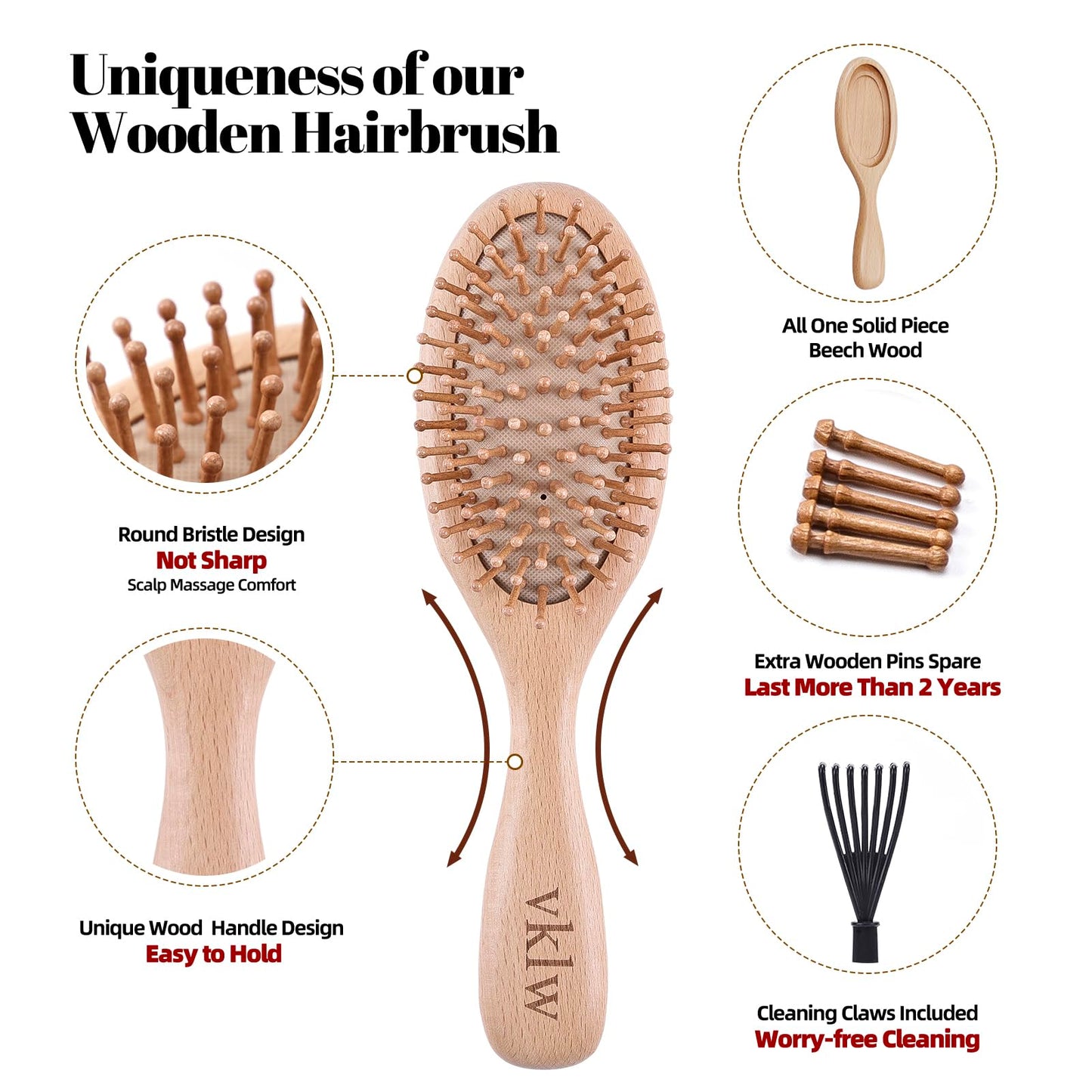 vklw Wooden Hair Brush and Comb, One-piece Design, Reduce Frizz and Static, Massage Scalp, Detangling Paddle Hairbrush for Women, Girls, Kids