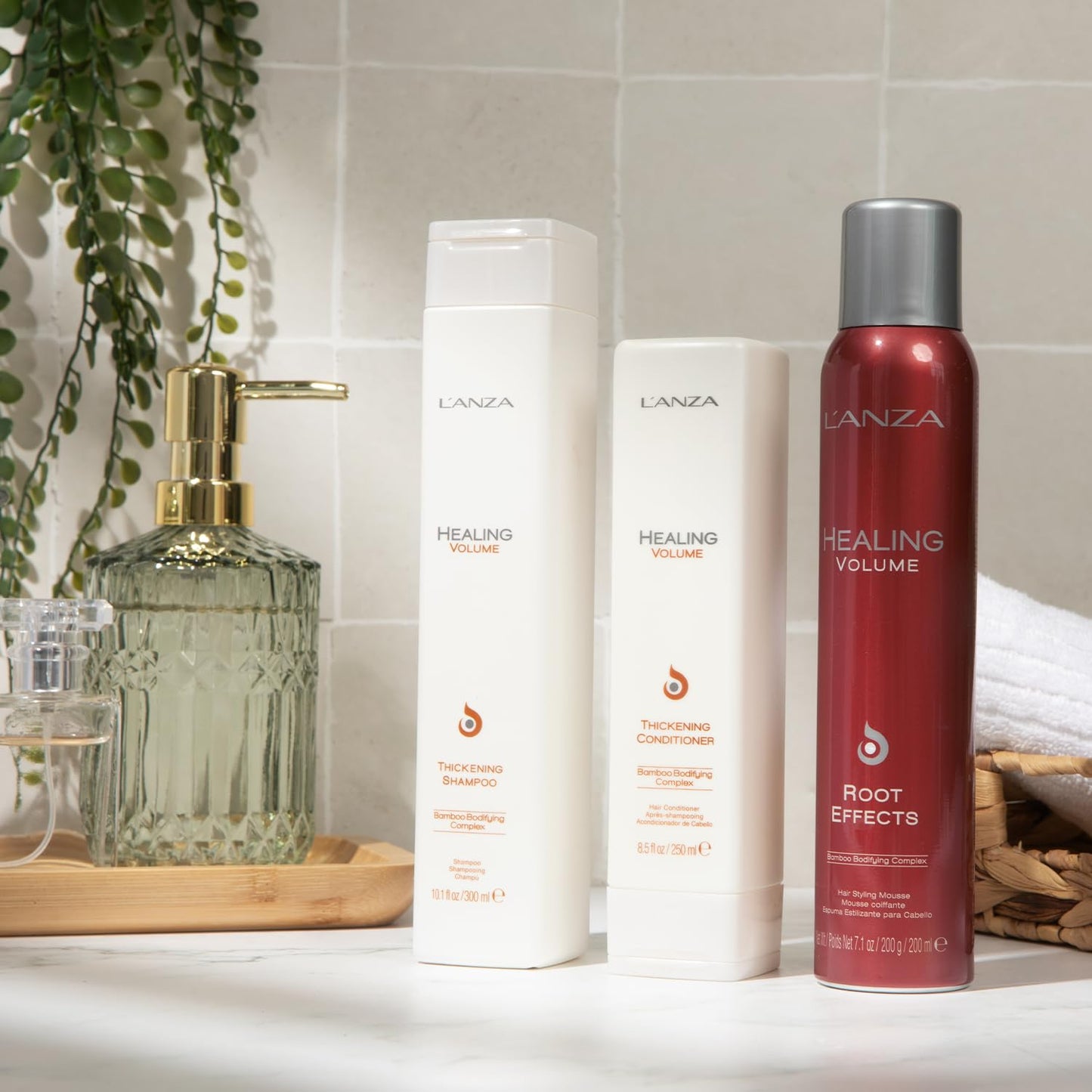 L'ANZA Healing Volume Trio Hair Kit, Thickening Shampoo and Conditioner with Root Effects Mousse Hairspray in a Gift Box, Luxury Hair Care Kit