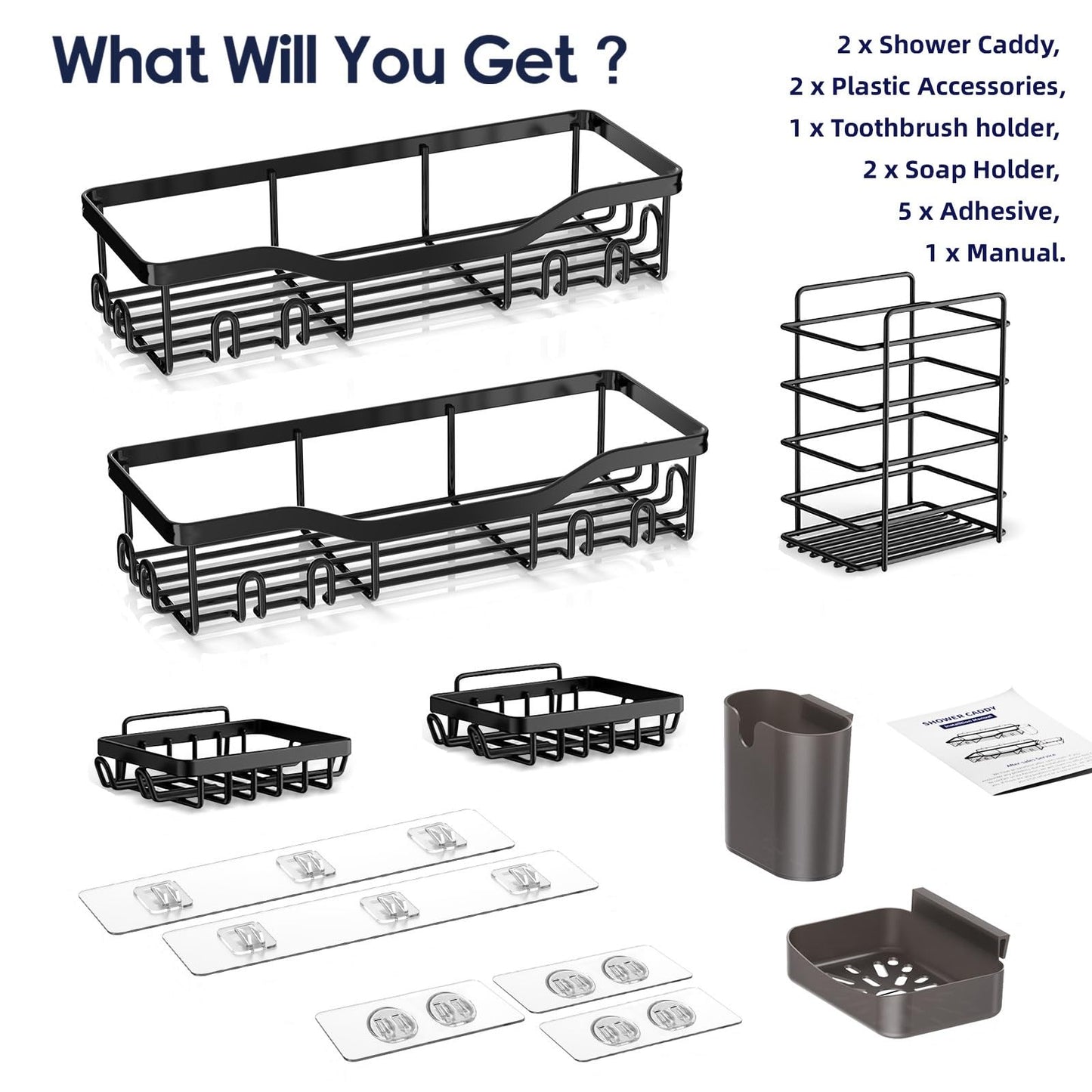 NESOMI 7-Pack Adhesive Shower Caddy – Rustproof No-Drill Bathroom Organizer with Shelves, Soap Dish, Toothbrush Holder & Hooks