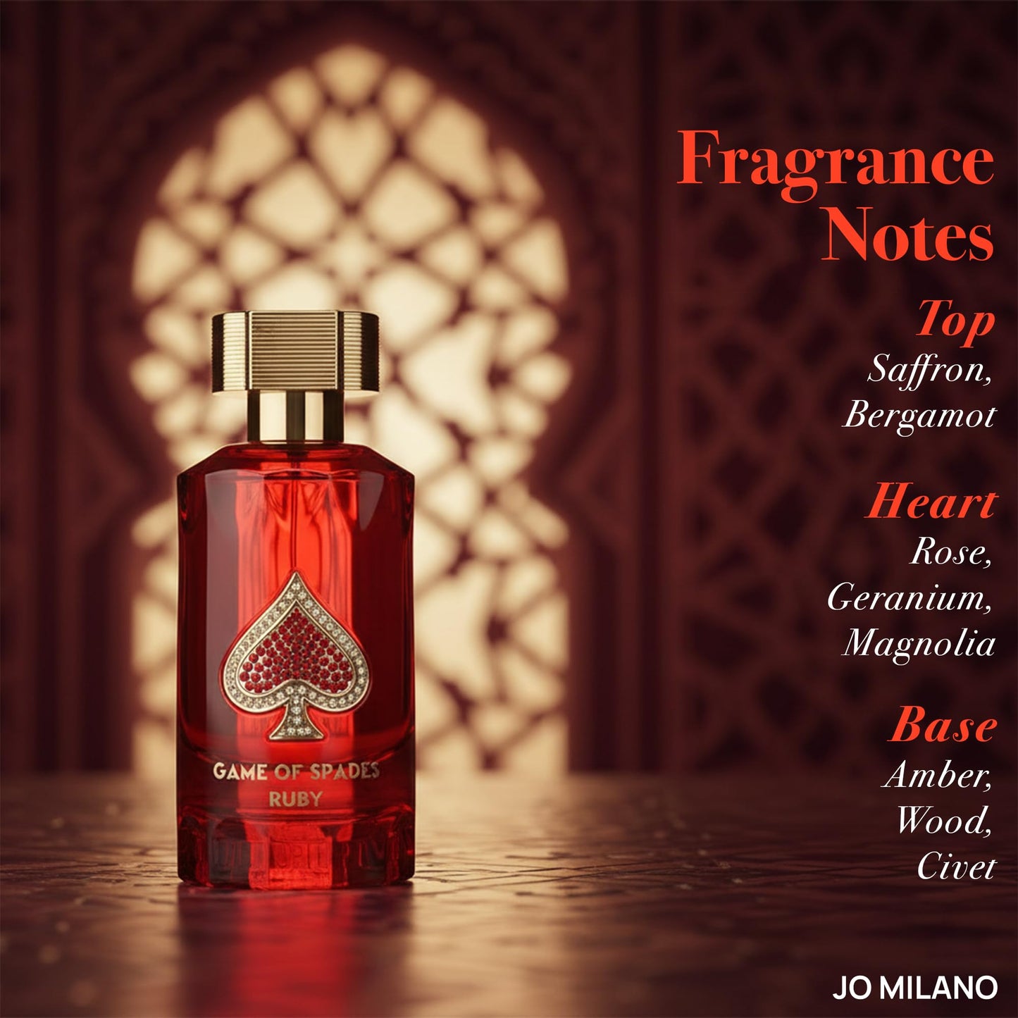 Jo Milano Game of Spades Ruby Parfum Spray | 3.4 oz (100ml) | Fruity, Amber, Sweet, Musky, Rose, Saffron Scent | Long Lasting Fragrance for Men