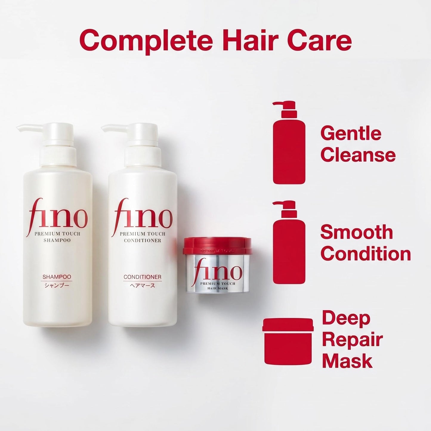 TJ SIGNATURE Fino Premium Touch Hair Care Set - Shampoo (550ml), Conditioner (550ml) & Mask (230g) - 4-Piece J-Beauty System for Dry Damaged Hair